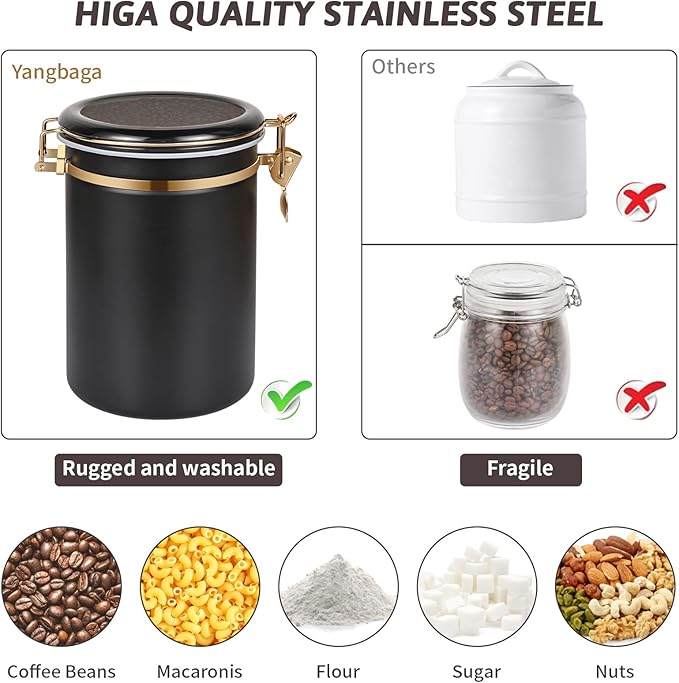 Yangbaga 304 Stainless Steel Coffee Canisters for Ground Coffee,2 x 63OZ Coffee Container with Shelf Coffee Bean Storage, Food Storage Jar with Gold Airtight Locking Clamp and Spoon for Kitchen-Ruum Studio Home