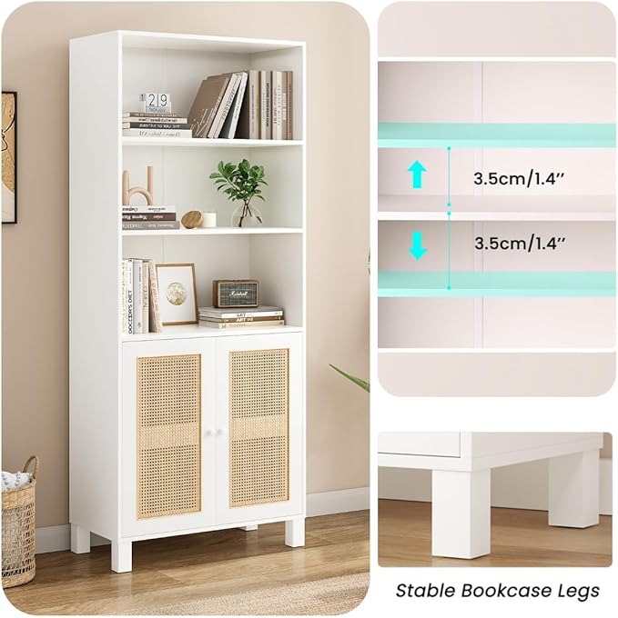 Tall Bookshelf, 5-Tier Book Shelf with 2 Rattan Doors, Freestanding Bookcase Display Shelves with Large Storage, Book Case for Living Room, Office, Study, Bedroom, 70.9 Inch-Ruum Studio Home