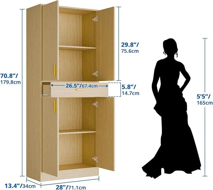 Cozy Castle Pantry Cabinet, 71" Tall Kitchen Storage Cabinet with Doors and Shelves, Freestanding Wood Cupboard Utility Hutch with Drawer for Dining Room Living Room Bathroom Furniture, Oak-Ruum Studio Home