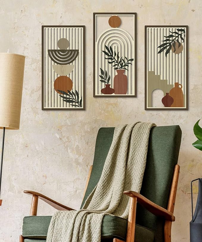 Putuo Decor Boho Wall Art Set of 3, Abstract Geometric Wooden Wall Decor, Mid-Century Modern Aesthetic Artwork with Arch, Vase & Botanical Design for Living Room, Bedroom, Office, 16.5 x 8.6 Inch-Ruum Studio Home