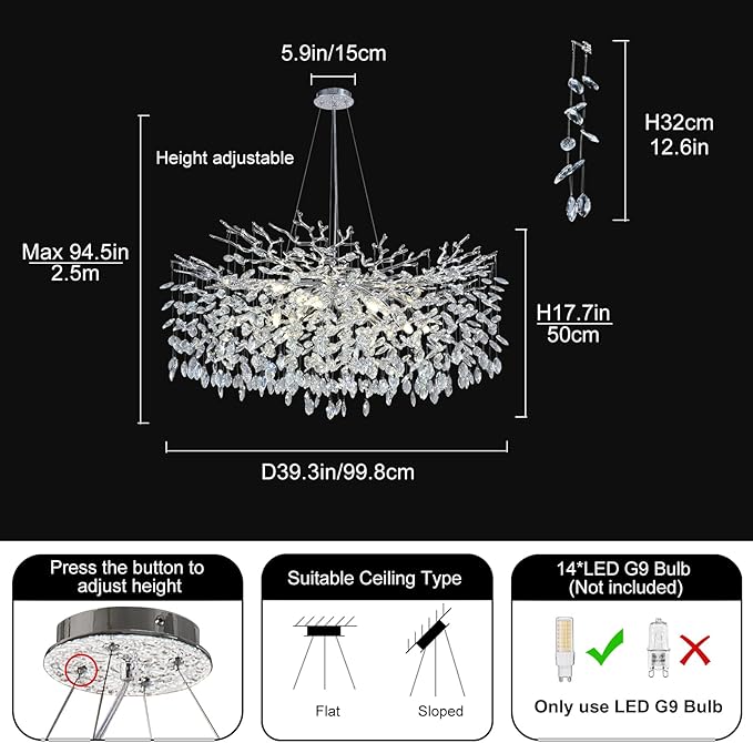 Modern Crystal Chandeliers for Dining Room, 40" Round Silver Tree Branches Chandeliers, Large Dining Room Over Table Chandeliers Lights Fixture, Branches and Crystals Ceiling Light Fixtures-Ruum Studio Home