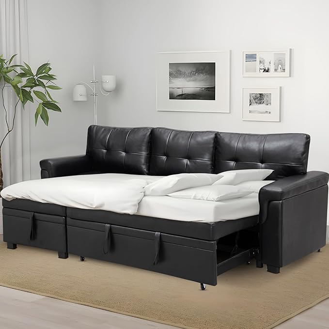Naomi Home Modern Sectional Sofa with Storage Chaise Black/Air Leather-Ruum Studio Home