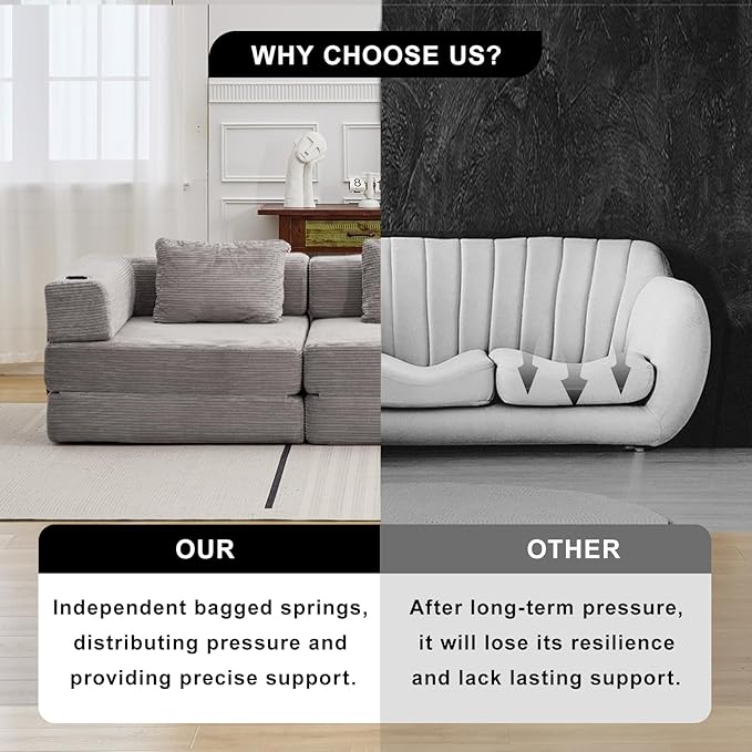 78" W Loveseat Sofa, 4 in 1 Convertible Floor Sofa Bed, Boneless Cloud Couch with Cup Holder, Fold Out Floor Couch, Loveseat Recliner Sleeper for Living Room Bedroom Lounge(Corduroy, White)-Ruum Studio Home