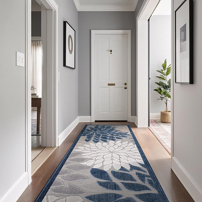 Beverly Rug Outdoor Runner Rug 2x7 Modern Floral Tropical Area Rugs for Indoor and Outdoor Patio Easy to Clean Non Shedding Living Room Porch Garden Washable Outside Carpet (2 x 7 Blue)-Ruum Studio Home