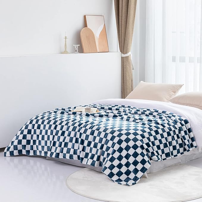 LOMAO Throw Blankets Flannel Blanket with Checkerboard Grid Pattern Soft Throw Blanket for Couch, Bed, Sofa Luxurious Warm and Cozy for All Seasons (Navy, 60"x80")-Ruum Studio Home