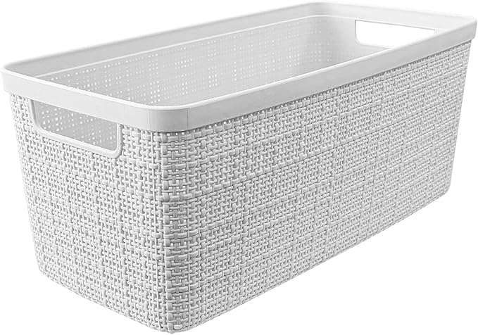 Curver Jute Decorative Plastic Organization and Storage Basket Perfect Bins for Home Office, Closet Shelves, Kitchen Pantry and All Bedroom Essentials, Slim, White, Set of 8-Ruum Studio Home