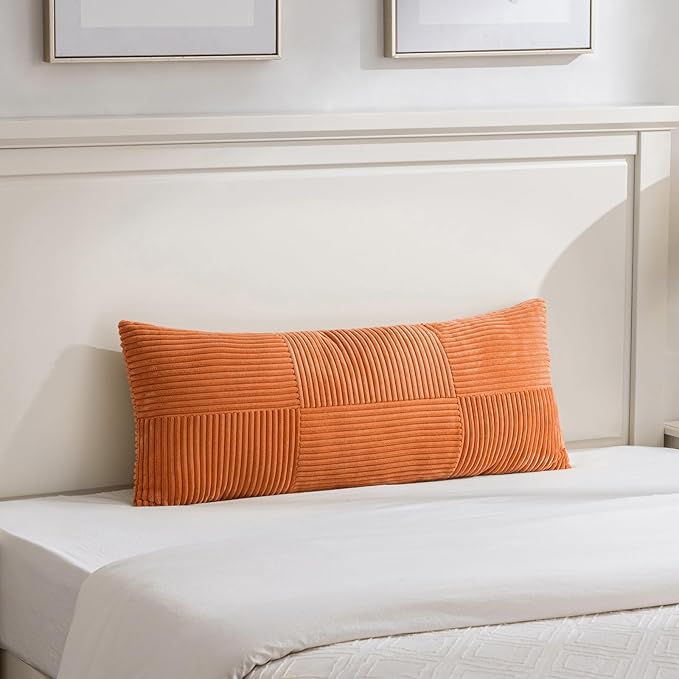 Fancy Homi Set of 2 Orange Boho Long Lumbar Body Decorative Throw Pillow Cover 14x36 Inch for Bed Couch Bedroom Bench, Soft Patchwork Corduroy Textured Pillow Case, Rustic Farmhouse Room Décor-Ruum Studio Home