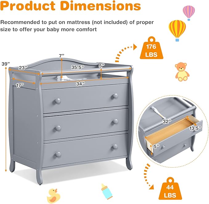 Costzon 3-Drawer Changing Table, Infant Diaper Changing Station with Drawers, Safety Rails & Strap, Baby Changing Table Dresser for Nursery, Easy Assembly (Gray)-Ruum Studio Home