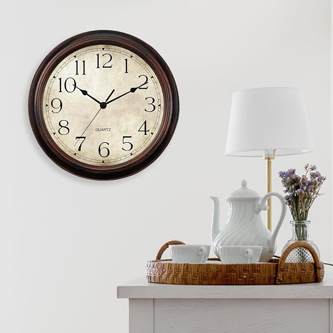 Wall Clock 10 Inch Battery Operated Silent Non-Ticking Analog Wall Clocks Vintage Retro Rustic Style Decorative for Bedroom Living Room Kitchen Office (Bronze)-Ruum Studio Home