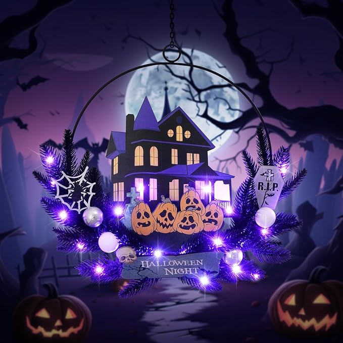 Lighted Halloween Wreaths for Front Door, Welcome Metal Wooden Door Wreath Decor Hanging Sign, 30 LED Lighted Wall Decor Battery Operated for Halloween Indoor Outdoor (Pumpkin)-Ruum Studio Home