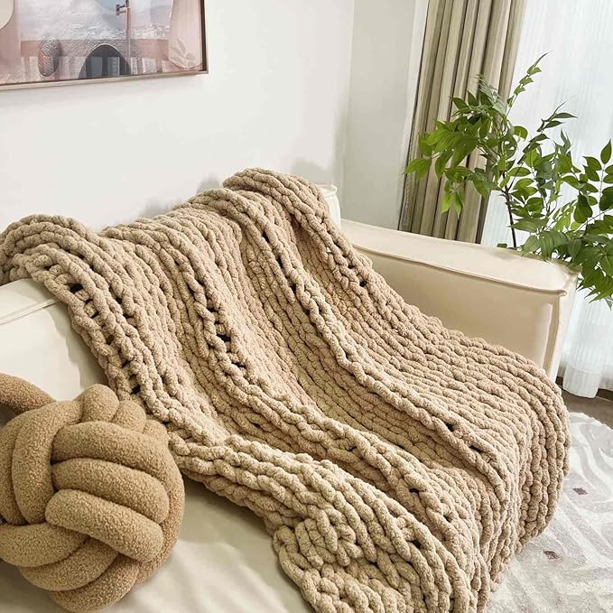 Chunky Knit Blanket Throw 40"x60", Chenille Throw Blankets, Handmade Warm & Cozy Blanket Couch Bed Home Decor, Soft Breathable Fleece Banket, Christmas for Couch Bed Sofa Best Gift (Tan)-Ruum Studio Home