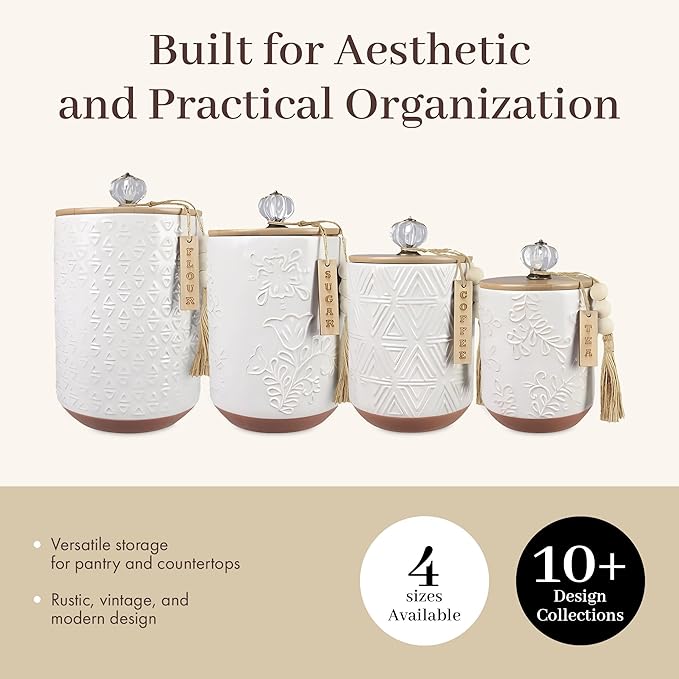 Youngs 21207 Ceramic Canister with Wood Lid and Silicon Seal, Crystal Knob and Blessing Bead Tassel Accent, 4-piece Set-Ruum Studio Home
