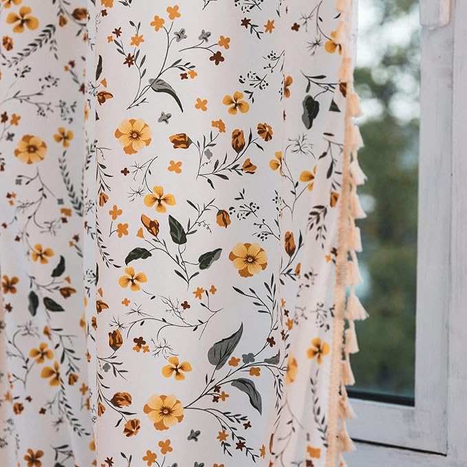 Sutuo Home Boho Curtain Semi-Blackout Yellow Florals Print Cotton Linen Fabric, Handmade Tassels Rod Pocket Bohemian Farmhouse Country Window Drapes for Living Bedroom, 59" W x 84" L, 1 Panel-Ruum Studio Home