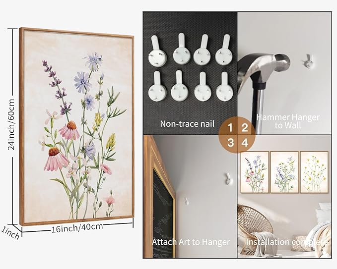 SIGNINART Watercolor Wildflower Framed Canvas Wall Art Set of 3, Boho Botanical Spring Floral Wall Decor, Colorful Minimalist Plant Art Prints for Farmhouse Living Room, Bedroom, Office, Bathroom 16"x24"-Ruum Studio Home