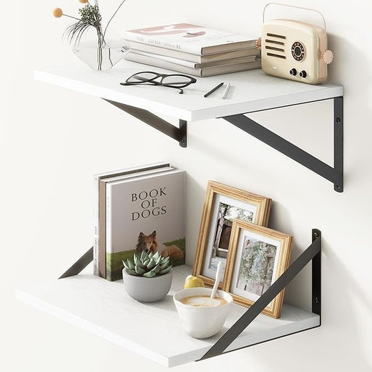 Fun Memories Floating Shelves Set of 2, 16" W x 12" D, White Ledges for Bedroom, Bathroom, 12" Deep Bookshelf Wall Mounted-Ruum Studio Home
