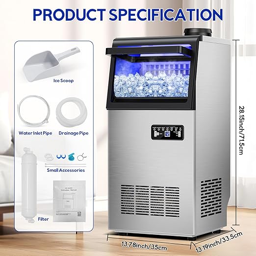 Commercial Ice Maker Machine, 110Lbs/24H, 30Lbs Storage, 36Pcs Clear Ice Cubes in 10-15Mins, Stainless Steel Under Counter or Freestanding Ice Machine - 2 Water Inlet Modes, for Home Party Office-Ruum Studio Home
