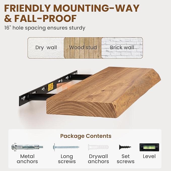 Fun Memories 40" Floating Shelves for Wall, Live Edge Solid Elm Wood Floating Shelf with Invisible Bracket, Wall Mounted Display Wooden Shelves for Bathroom, Kitchen, Bedroom, Natural Color, Set of 1-Ruum Studio Home