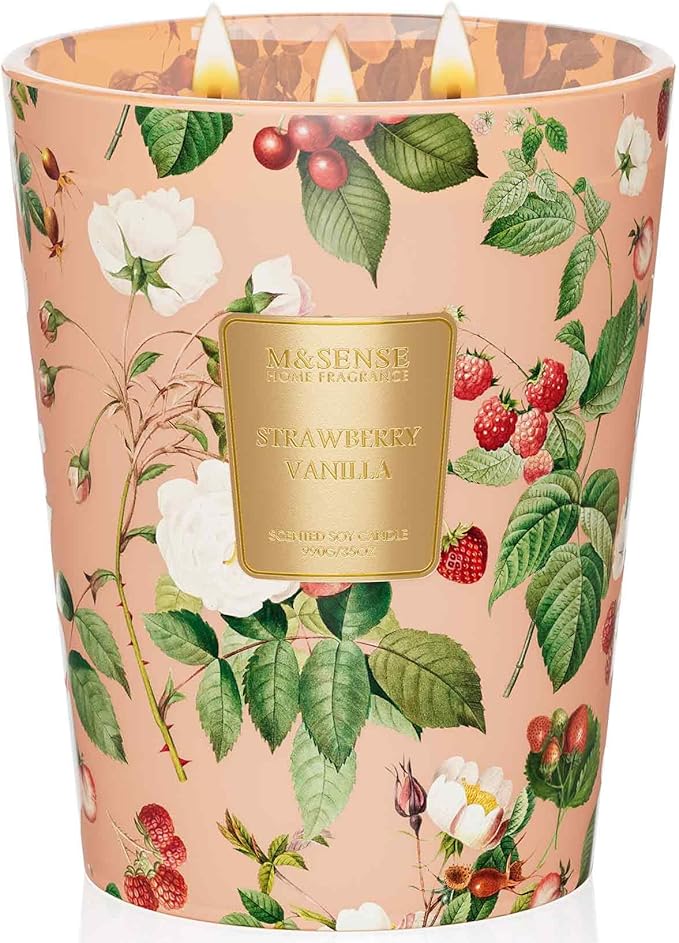 M&SENSE Extra Large Candle Strawberry Vanilla Scented, 3-Wick 35oz 150H Long Lasting, Natural Soy Wax Aromatherapy Candle for Stress Relief, Gifts for Home Decor-Ruum Studio Home