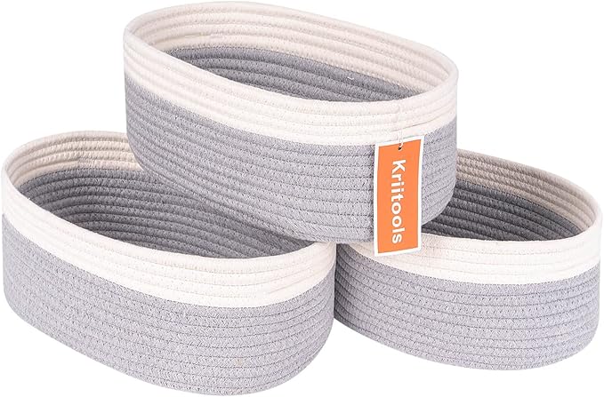 Baskets for Shelf Storage Cute Basket to Store and Organize Household Items/Woven Rope Basket for Living Room, Bedroom,Playroom/Durable Small Oval-13x8.66x5.11’’,3 Packs Off White&Gray-Ruum Studio Home