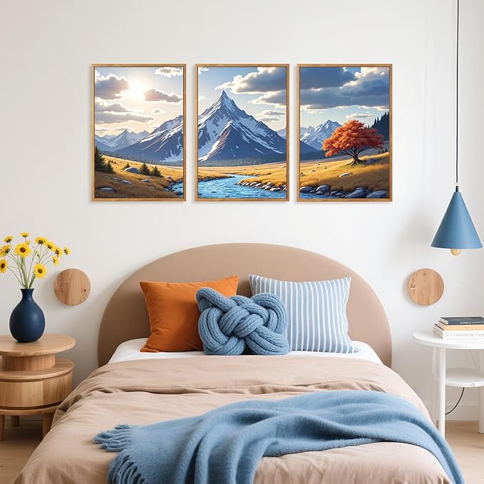 HPNIUB Landscape Mountain Wall Art Set, Rustic River Sunrise Pine Tree Forest Nature Scenry Wilderness Art Print, Farmhouse Grassland Modern Sky Decorative for Living Room, Bedroom, Office-16 x24 x3-Ruum Studio Home