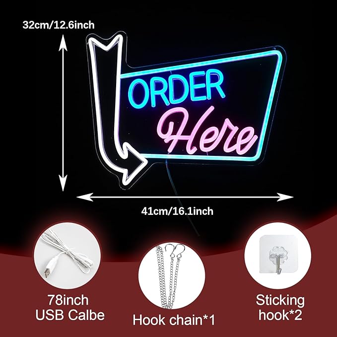 Order Here Neon Sign Led letters Sign Dimmable Order Neon Light for Wall Decor Larger Order Here Light Up Sign for Restaurant Shop Bar Business Neon Decor(16.1 * 12.6 In)-Ruum Studio Home