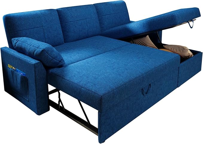 VanAcc Sleeper Sofa - 2 in 1 Pull Out Couch Bed with Storage Chaise for Living Room, Linen Blue-Ruum Studio Home