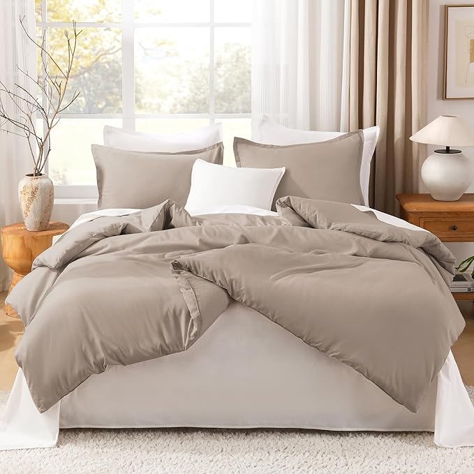 Litanika Light Coffee Comforter King Size, 3 Pieces Lightweight Solid Bedding Comforter Set, All Season Fluffy Bed Set (104x90In Comforter & 2 Pillowcases)-Ruum Studio Home