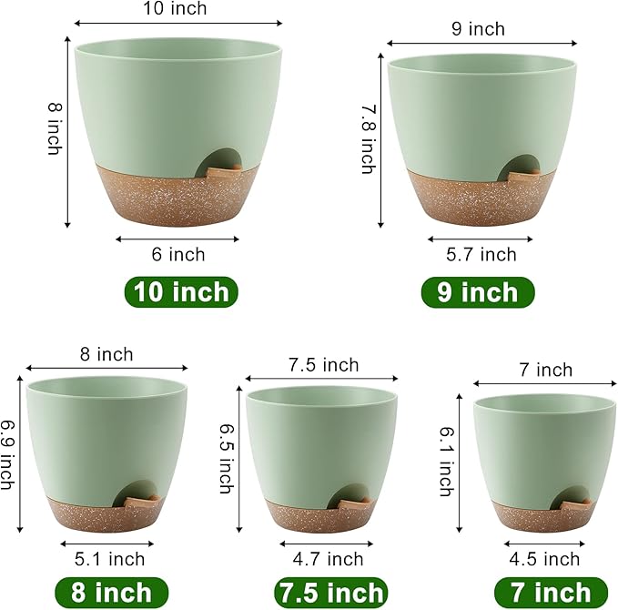 Plant Pots 10/9/8/7.5/7 Inch Self Watering Pots, Set of 5 Plastic Planters with Drainage Holes and Saucers,Plastic Flower Pots,Nursery Planting Pot for Indoor Out Door Plants（Green）-Ruum Studio Home