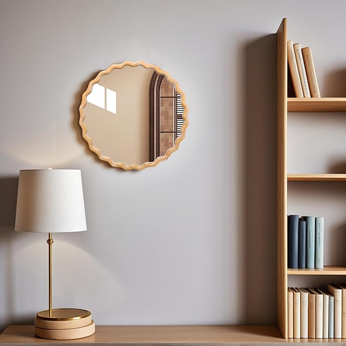 Wavy Mirror 27.5x27.5 Inch, Decorative Bathroom Mirror with Natural Wood Frame, Entry Way Mirrors for Wall, Shatterproof Glass, Mirrors for Wall Decor-Ruum Studio Home