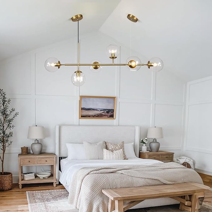 KCO Lighting 6 Light Bubble Chandelier Lighting Clear Glass Globe Chandelier Brass Gold Linear Pendant Light Mid Century Modern Pendant Light for Living Room Kitchen Island Dining Room-Ruum Studio Home