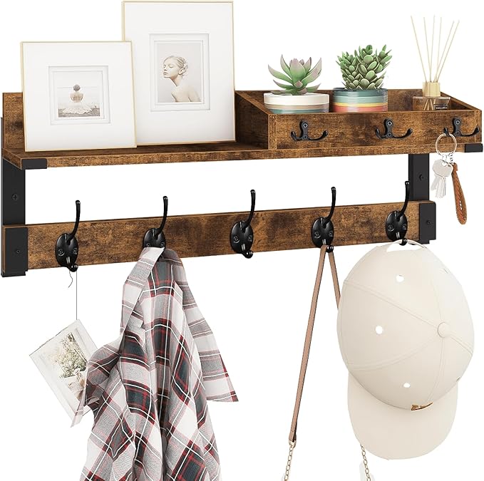 Homode Coat Rack with Shelf, Wall Shelf with Hooks, 26 Inch Long Coat Hanger Wall Mount with Key and Mail Holder, Wood Entryway Shelves for Hanging Hat Jacket Backpack Purse, Rustic Brown Black-Ruum Studio Home