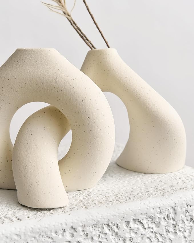 NOBULA White Ceramic Donut Vases – Modern Home Decor for Living Room, Bedroom & Table Centerpiece - Minimalist Nordic – Unique Vases for Olive Plant & Flowers – Decorative Coffee Table Vase Set of 2-Ruum Studio Home