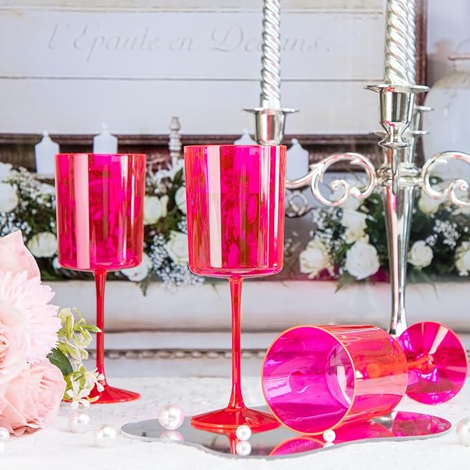 Ciaell 12 Pack Plastic Wine Glasses - 10Oz Hot Pink Plastic Wine Glasses With Stem - Disposable Stemmed Cups for Parties & Weddings-Ruum Studio Home