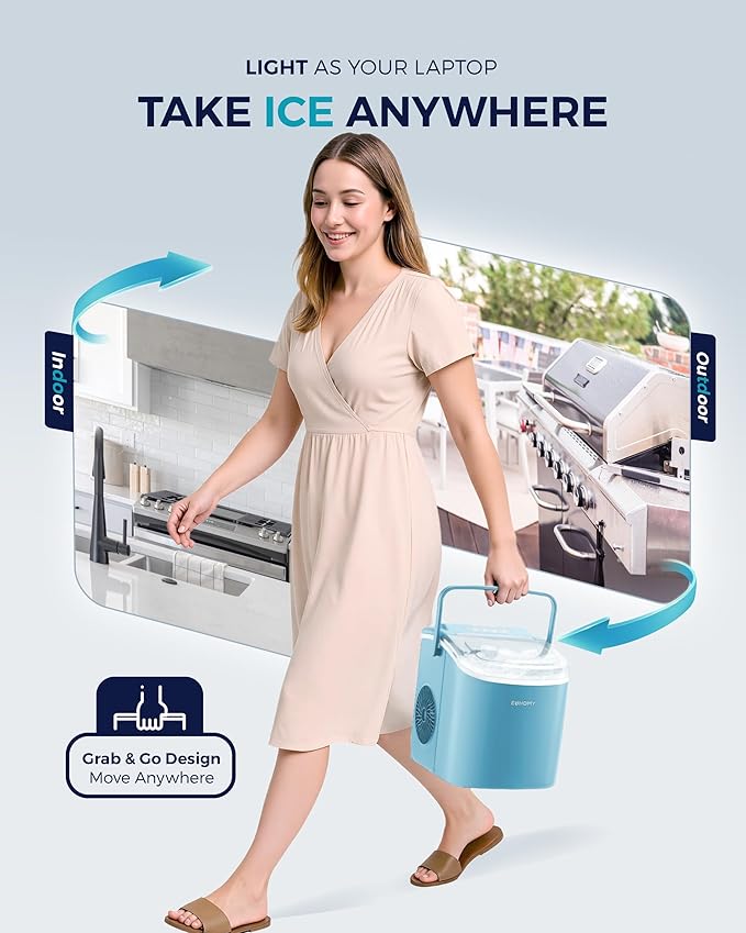 EUHOMY Countertop Ice Maker Machine with Handle, 26lbs Per Day, 9 Ice Cubes Ready in 6 Mins, Auto-Cleaning Portable Ice Maker with Basket and Scoop, for Home/Kitchen/Camping/RV (Blue)-Ruum Studio Home