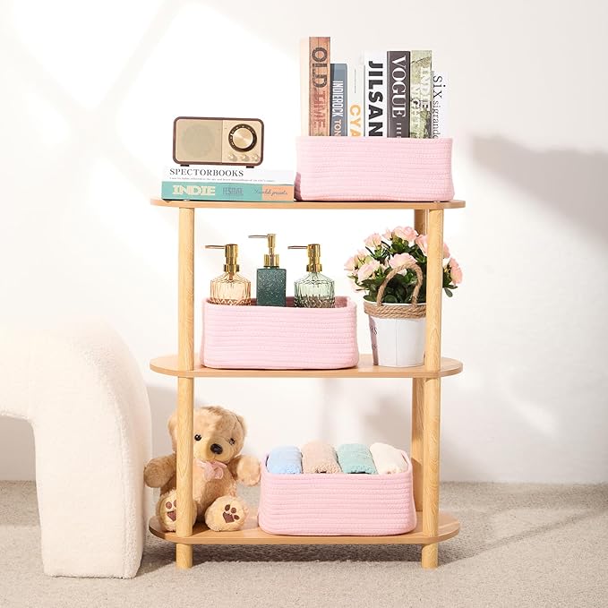Small Storage Baskets for Organizing | Closet Organizer Bins | Shelf Toy Basket | Woven Rope Baskets | Cube Decorative Box | Shallow Basket | 11.5x7.5x4.7” | 3 Packs Pink-Ruum Studio Home