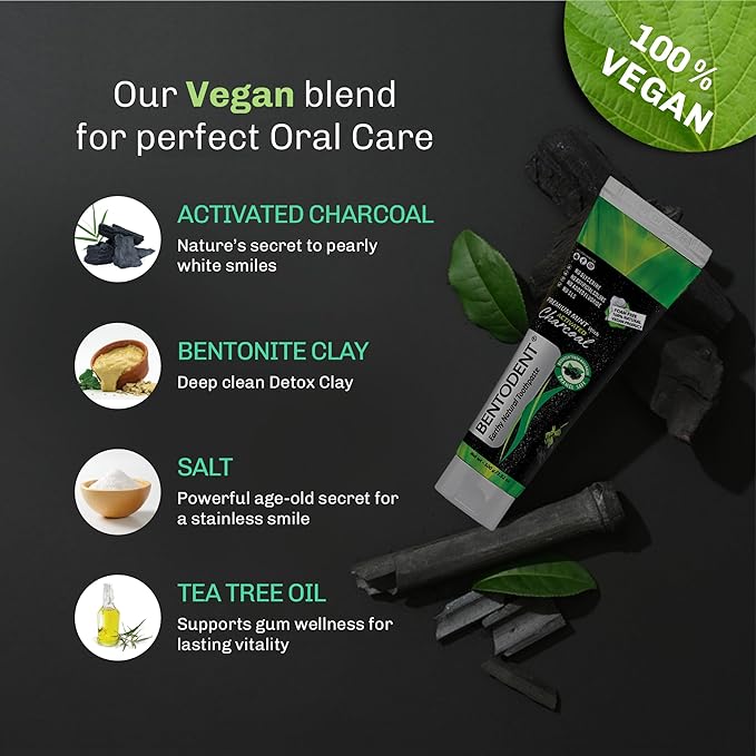 BENTODENT Fluoride Free Organic Charcoal Toothpaste with Bentonite Clay for Teeth Whitening- Natural Sensitive Teeth Whitening Toothpaste, Vegan, Travel-Ruum Studio Home