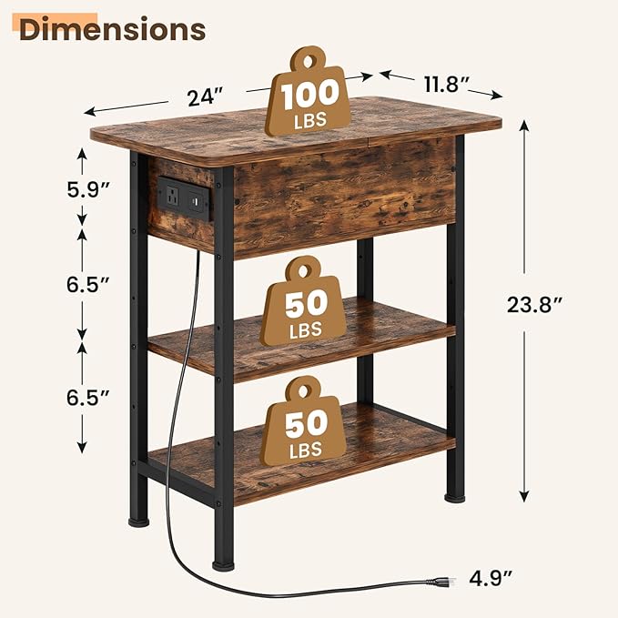 End Table with Charging Station, Flip Top Side Table with USB Ports and Outlets, 3-Tier Small Side Table with Storage for Small Space, End Tables for Living Room/Bedroom, Brown-Ruum Studio Home