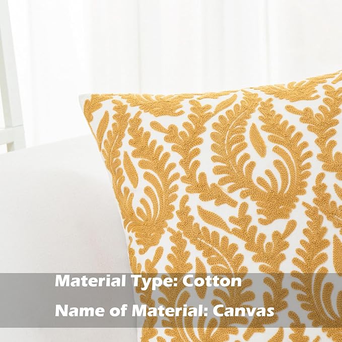 HWY 50 Mustard Yellow Decorative Throw Pillow Covers 18x18 Inch (1 Piece), Embroidered Cotton Farmhouse Cushion Cover Pillow Case for Sofa Couch Living Room Bed Bedroon, Floral Branches-Ruum Studio Home