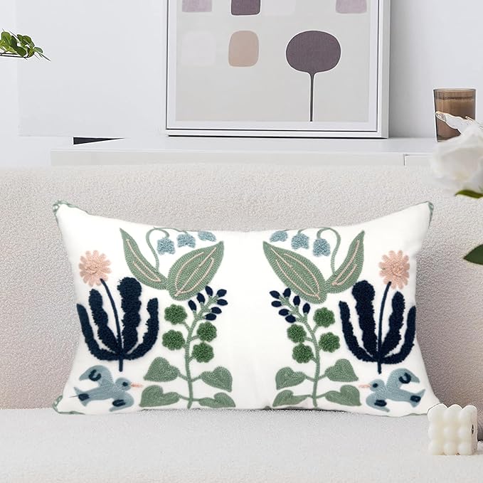 Alysheer Floral Embroidered Summer Lumbar Decorative Throw Pillow Cover 12"x 20", Farmhouse Cottage Navy Blue Green Flowers Leaves Patterned Cotton Canvas Cushion Case for Sofa Couch Bed Living Room-Ruum Studio Home