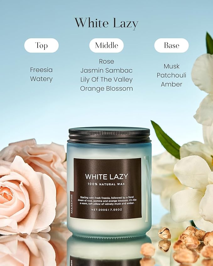 M&SENSE White Lazy - Clean Cotton & Jasmine Scented Natural Soy Wax Jar Candles for Home Decor 7.05oz 50 Hour Long Lasting Burning, Non Toxic Organic Natural Relaxing Candle for Women-Ruum Studio Home