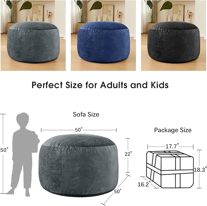 Bean Bag Chairs for Adults - Memory Foam Furniture BeanBag Chair - Kids/Teens Sofa with Soft Micro Fiber Cover - Round Fluffy Couch for Living Room Bedroom College Dorm - 5 ft, Grey-Ruum Studio Home