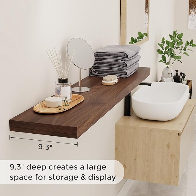Floating Shelves 48 Inch Long, 48"W x 9"D Wall Shelf Invisible Bracket, 9 Inch Deep Floating Shelf for Wall, Rustic Wooden Shelves for Living Room, Kitchem, Bedroom, Walnut Color, Set of 1-Ruum Studio Home