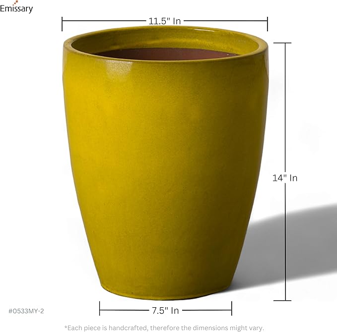 Emissary Home and Garden Bullet 11.5 in. Mustard Yellow Ceramic Round Planter (11.5 in. L x 11.5 in. W x 14 in. H) with Drainage Hole-Ruum Studio Home