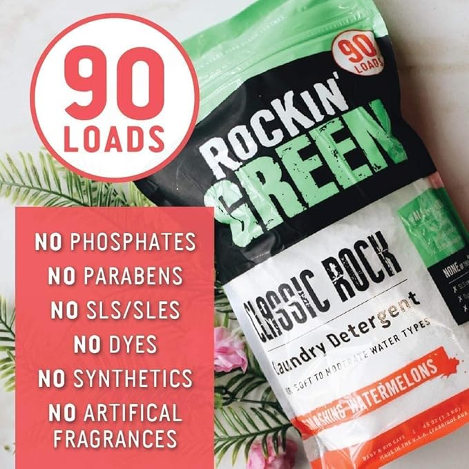 Rockin' Green Classic Rock Laundry Detergent (90 Loads), Plant based, All Natural Laundry Detergent Powder, Vegan and Biodegradable Odor Fighter, Safe for Sensitive Skin, 45 oz (Smashing Watermelons)-Ruum Studio Home