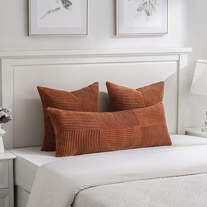 Fancy Homi Set of 2 Rust Boho Long Lumbar Body Decorative Throw Pillow Cover 14x36 Inch for Bed Couch Bedroom Bench, Soft Patchwork Corduroy Textured Pillow Case, Rustic Farmhouse Room Décor-Ruum Studio Home