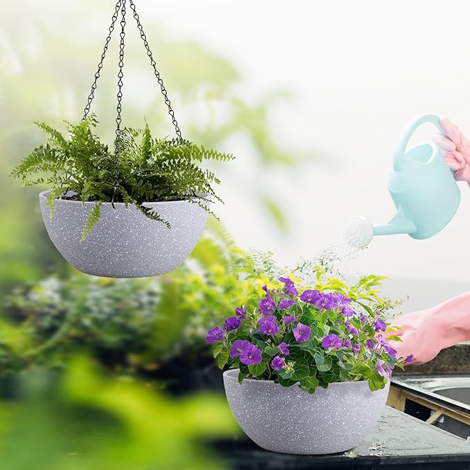 10 inch Hanging Planters for Outdoor Indoor Plants with Drainage Holes and Chain, 2 Pack Round Hanging Flower Plant Pots for Garden Home Porch Decor, Speckled Grey-Ruum Studio Home