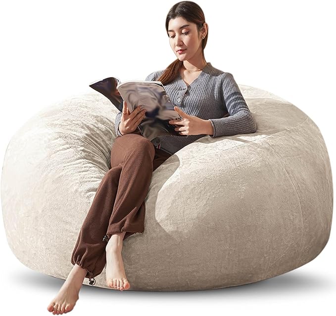 Bean Bag Chair 6Ft, Memory Foam Filled, Large Beanbag Chairs for Adults and Teens, Soft Sofa with Removable Flannel Cover, Round Couch for Living Room Bedroom College Dorm (Apricot, 6FT-67×67"×24")-Ruum Studio Home