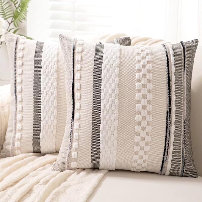 Boho Throw Pillow Covers 18x18 Set of 2 Farmhouse Decorative Cushion Case Striped Square Pillows Cover Chenille Pillow Cases Accent Neutral Pillowcase for Sofa Couch Bed,White-Ruum Studio Home