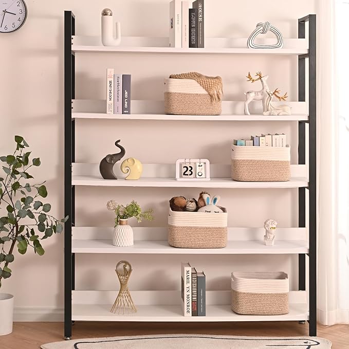 Storage Baskets for Shelves, Woven Storage Basket, Bins for Cube Storage, Cotton Rope Basket with Handles for Toy, Book, and Clothes Living Room, (4 Packs) Off White & Brown-Ruum Studio Home