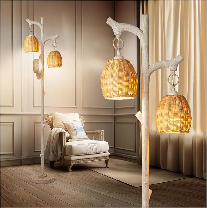 68" High Farmhouse Rustic Country Cottage Floor Lamp Tree Trunk Faux Wood Column White Washed Wicker Drum Shade Decor for Living Room Bedroom Reading Room-Ruum Studio Home
